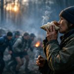 Spänd Barkley Marathons-start i dimmig skog, organisatoren haller cigarett
