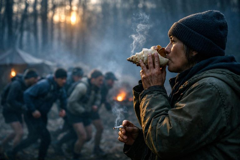Spänd Barkley Marathons-start i dimmig skog, organisatoren haller cigarett
