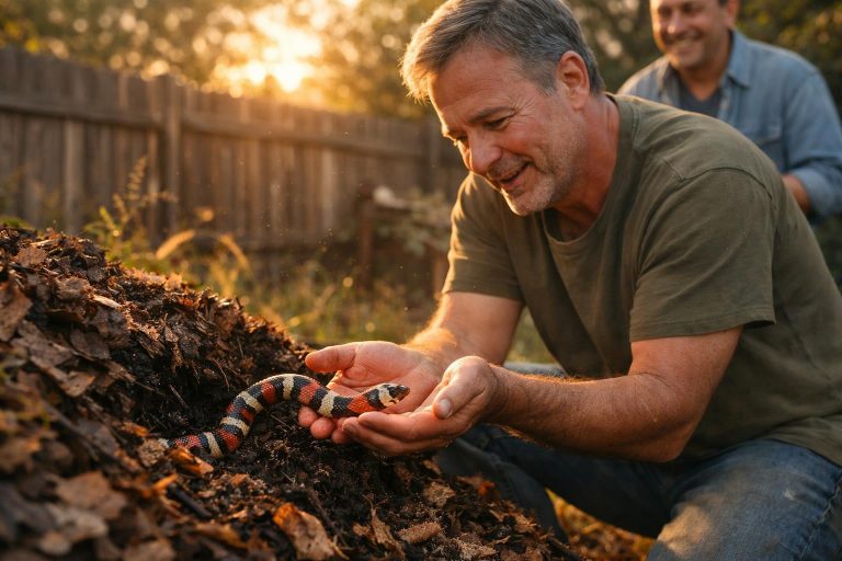 En mjölorm upp ur komposten i en lugn förortsträdgård, en man knäböjer bredvid.