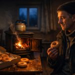 Vardagsrum vid skymningen med glödande spis och en låda munkar bredvid en man.