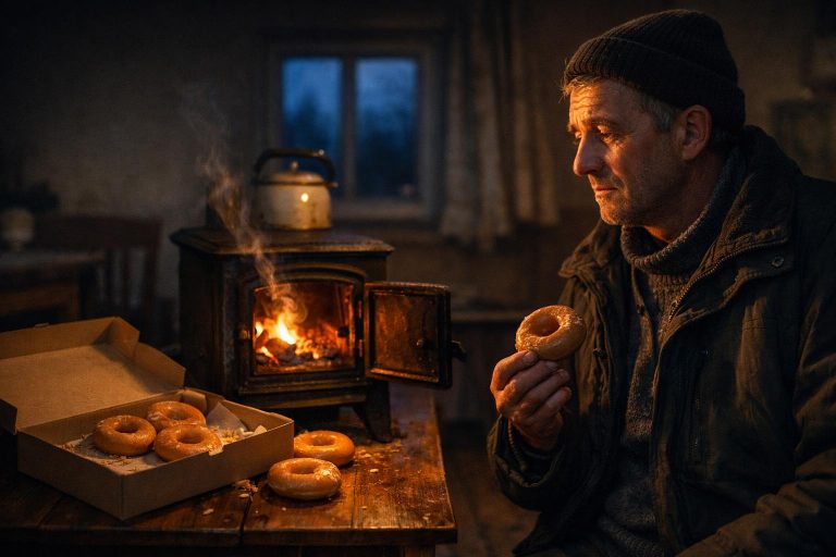 Vardagsrum vid skymningen med glödande spis och en låda munkar bredvid en man.
