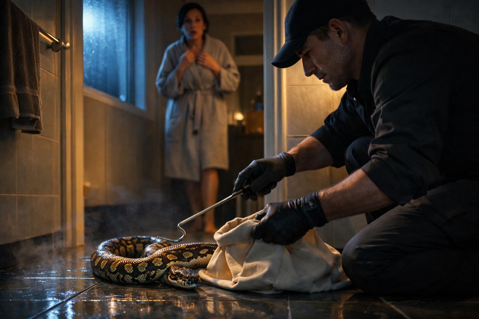 En ormfangare flyttar en pytonorm ur badrummet vid midnatt.